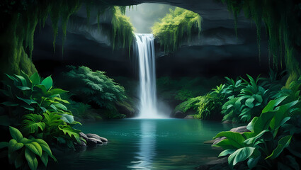 Wall Mural - Misty Cave Waterfall Generative AI