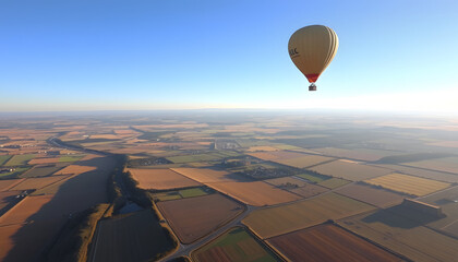 Panoramic View of Hot Air Balloon Aircraft Shadow Silhouette Flying over Fields, Portugal isolated with white highlights, png