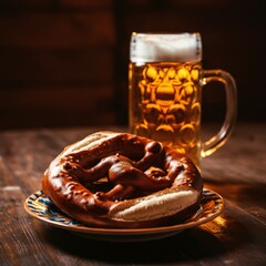 pretzel on a plate, with a steaming mug of beer in the background, at an Oktoberfest celebration