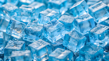 Wall Mural - Blue ice cubes background wallpaper. Cool or cold frozen water texture closeup, fresh icy frost backdrop