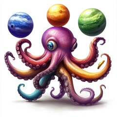 Sticker - A colorful octopus with planets on its tentacles and a star, AI