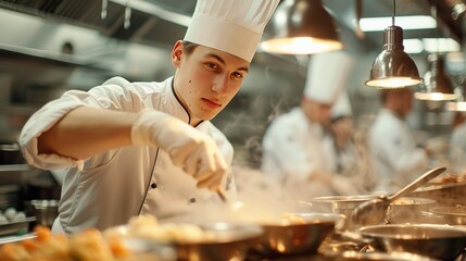 Culinary Student Skillfully Preparing a Dish in a Professional Kitchen