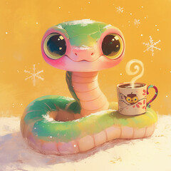 Canvas Print - 3D cartoon snake is holding a pink cup of coffee. The image has a warm and cozy feeling, as the snake is sitting on a snowy surface and enjoying a hot beverage