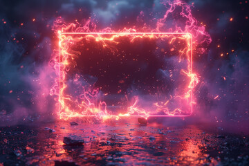 red neon rectangle frame made of electricity and flame on dark background with stones. glowing geome