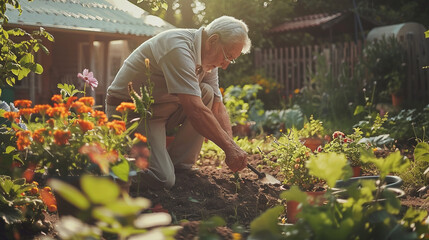 A sunny backyard where an elderly man is tending to his garden. He is kneeling by a flower bed, planting colorful flowers, with gardening tools scattered nearby. 