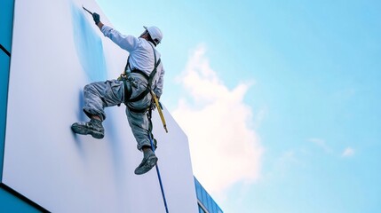 Painter hanging from a harness painting a blank street banner. The man has a broad brush in his hand and painted a part of the corner of the sign with the same light blue color as the sky