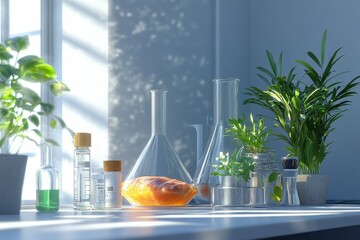 Wall Mural - Bright laboratory scene with glass flasks and beakers plants in the background symbolizing the blend of biotechnology plant science and food innovation in a controlled research environment