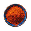 © Num - Red spice powder in blue bowl, top view.