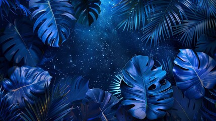 Collection of tropical leaves,foliage plant in blue color with space background
