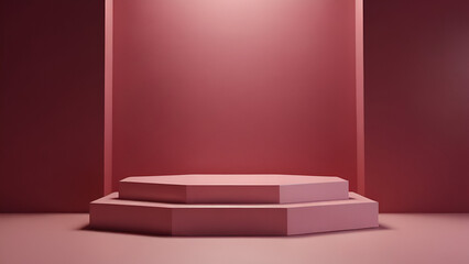 Pink metal podium on abstract pastel red background with magenta backlighting.