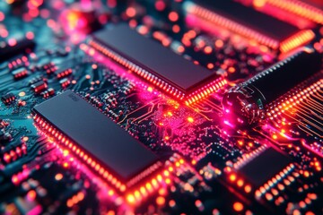 Canvas Print - A vibrant depiction of microchips on a circuit board with pink and red LED lights symbolizing the energy and dynamic nature of modern computing technology