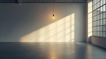 Spacious and clean empty space with hanging light bulbs and sunlight coming in from the large glass window