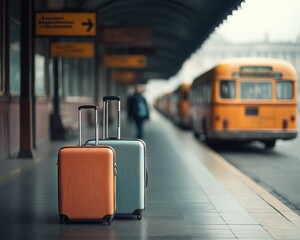 Two colorful suitcases stand at a train station, waiting for departure on a rainy day, embodying the spirit of travel.