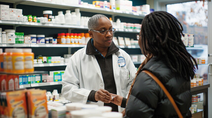 A pharmacist helping a customer at a pharmacy counter, explaining medication instructions. The setting includes shelves stocked with medicines, health products, and a clean, professional environment.