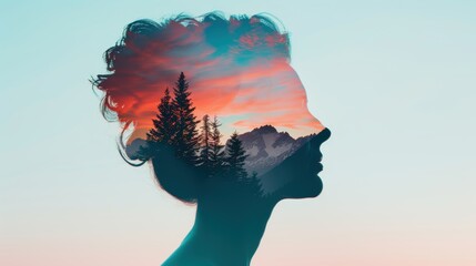 Enchanting double exposure silhouette of a person with rolling mountain landscapes, showcasing the beauty of nature and human exploration, ultra-realistic, soft lighting, vibrant colors, beautifully