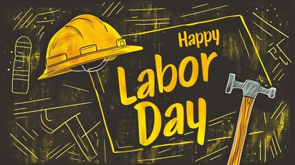 Happy Labor Day poster with hammer and hard hat