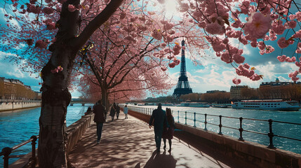 A romantic scene of couples walking along the Seine River in Paris, with cherry blossoms in bloom, and the Eiffel Tower in the background.