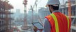 © indyntk - Indian engineer checking construction site with a tablet modern equipment and tools construction cranes in the background worksite safety