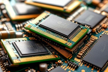 Poster - High definition image of stacked memory chips on a circuit board representing the innovation and complexity in modern computing systems