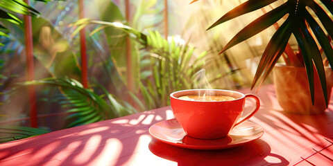 Wall Mural - A cup of tea on a tropical background