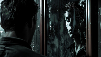 A person looking into a mirror, but their reflection shows a darker, shadowy figure with a sorrowful expression, representing self-doubt and inner turmoil.