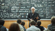 © Swaroop - A distinguished male professor in his 50s, lecturing to a large class in a modern university lecture hall, with complex formulas written on the board behind him.