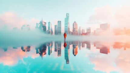 Poster - Double exposure of urban landscapes blending with aerial drone shots, capturing the dynamic perspective and expansive views of cityscapes, high-definition, vibrant colors, intricate details,