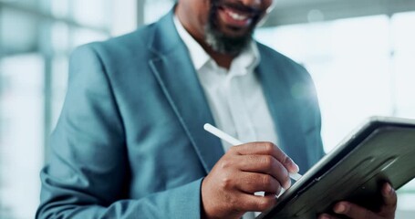 Poster - Business, black man and smile on tablet with stylus pen to sign online documents for investment approval. Corporate person, office and happy for ecommerce with contract approval or deal for company