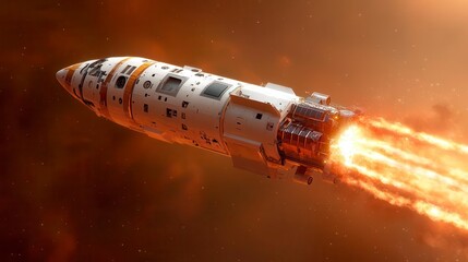 A futuristic spaceship blasts off into space leaving a trail of fire