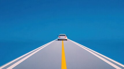 Poster - A car driving down a long road with blue sky in background, AI