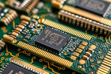 Poster - Close up of stacked green memory chips on a circuit board symbolizing the precision and complexity in modern technology systems