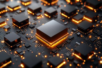 Canvas Print - Vibrant depiction of a black microchip on a grid of golden components illuminated by orange lights highlighting the intricate design and power in modern electronics