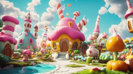 Whimsical 3D render of a fantasy farm with talking animals and oversized vegetables