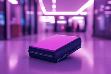 Sticker - Vibrant image of a purple microchip on a neon lit surface representing the intersection of modern technology and futuristic design