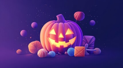 Wall Mural - Halloween candy and a glowing pumpkin, spooky and sweet, flat design illustration