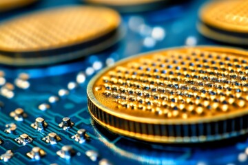 Poster - Close up of golden semiconductor wafers capturing the intricate textures and the essential materials behind high tech electronic components that power the modern digital landscape