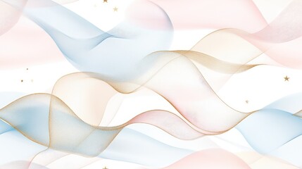 Poster - Glowing pastel waves in pink and blue swirl against a dark cosmic backdrop filled with stars and space elements, creating a serene and enchanting atmosphere SEAMLESS PATTERN