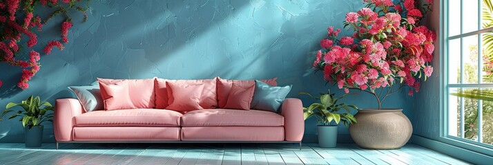 Poster - 3d render: furniture sale banner with beds, couches, armchairs on pastel background