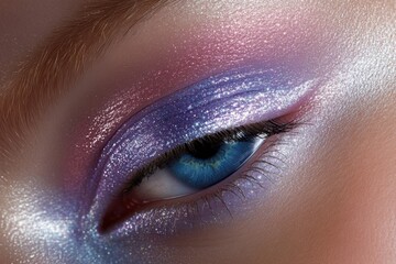 Canvas Print - Vibrant blue eye with sparkling purple eyeshadow makeup closeup