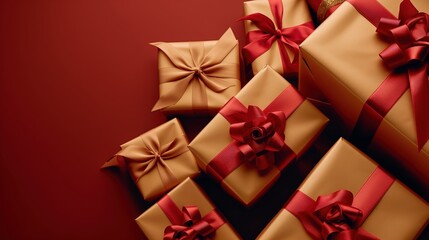 Wall Mural - Golden gift boxes with red ribbons and bows, viewed from above, arranged on a burgundy background. 