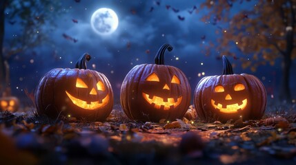 Smiling jackolanterns, eerie moonlit night, 3D illustration