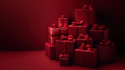 Wall Mural - Red gift boxes with matching ribbons and bows, stacked and arranged on a dark red background. 