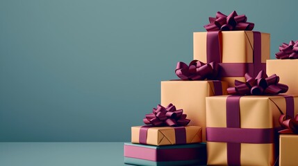 Wall Mural - Golden gift boxes with purple ribbons and bows, stacked and arranged on a teal background. 