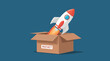 © Deivison - Cardboard box with rocket, startup, delivery and business concept, blue background.