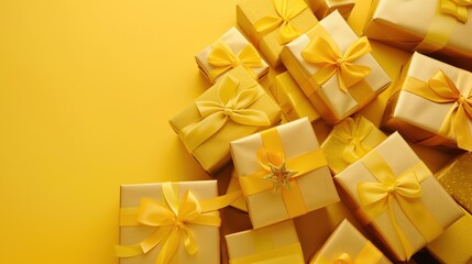 Wall Mural - Yellow gift boxes with matching ribbons and bows, viewed from above, arranged on a yellow background. 