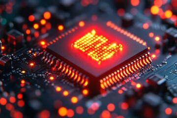 Canvas Print - High tech red microchip glowing on a circuit board representing the power and energy driving modern digital technology and electronic innovation in a vibrant futuristic setting