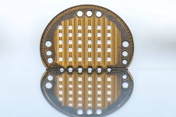 Sticker - Close up of a circular electronic component with gold connectors reflecting the precision and value embedded in modern technology and the intricate design of advanced microelectronics