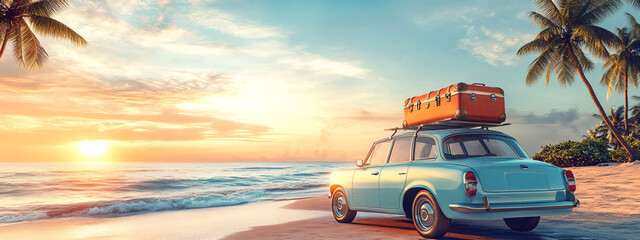 Wall Mural - Vintage Car Sunset Beach.