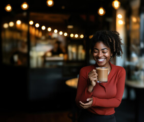 Happy black woman with a beautiful smile, drinking latte coffee in a cafe, copy space on bar interior