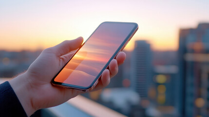 Wall Mural - A person holding a cell phone in their hand with the sunset behind them, AI